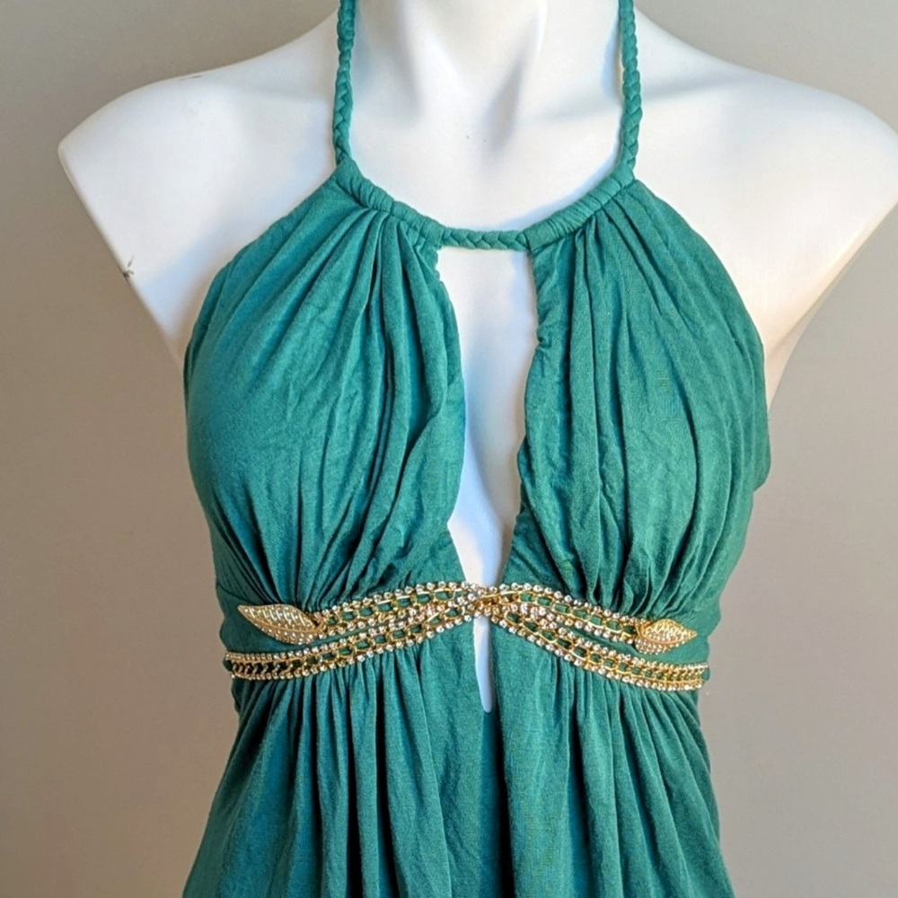 Brilliant Green Plunge Keyhole Gold Leaf Embellished Halter Top